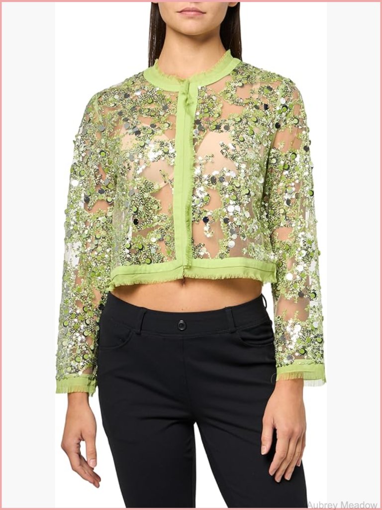 Cropped Floral Sequined Cardigan Sheer Hook Closure